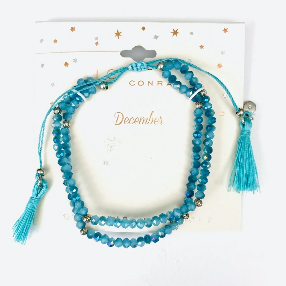 LC Lauren Conrad Aqua December Birthstone Bracelet Tassel Beaded Adjustable NWT